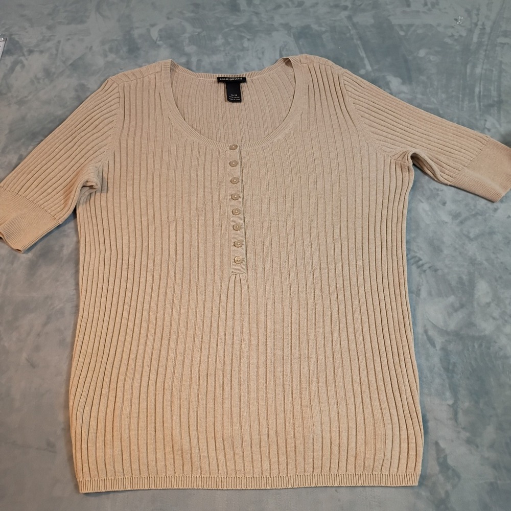 Lane Bryant Women Tan Beige Ribbed Knit Short Sleeve Henley Cotton Sweater 14/16